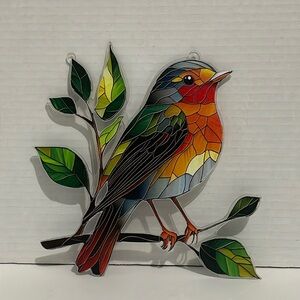 Suncatcher Acrylic Robin Bird Green Leaves Home Cabin Decoration New Gift